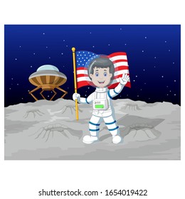 Astronaut Man Landing On Moon With US American Flag Cartoon