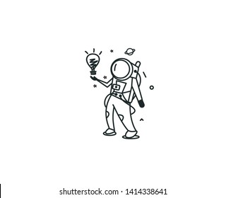 Astronaut Man looking at light idea bulb, Cartoon Flat Line Art Vctor Illutration.