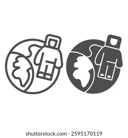 Astronaut man at planet earth line and solid icon, cosmos concept. Vector graphics. Spaceman on planet space orbit sign on white background, outline style icon for mobile or web design