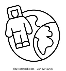 Astronaut man at planet earth thin line icon, cosmos concept. Vector graphics. Spaceman on planet space orbit sign on white background, style mobile or design
