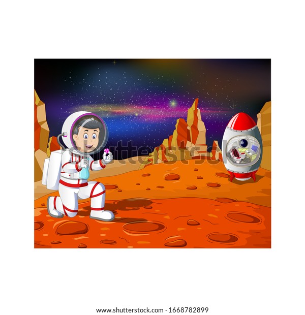 Astronaut Man in Red White Suit With Rocket in
Mars Planet Surface
Cartoon