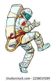 astronaut man in a spacesuit dances and rejoices, jump into the future. man in a funny pose. pop art retro vector illustration kitsch vintage 50s 60s style