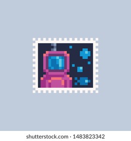 Astronaut, man in a spacesuit, vintage postmark template pixel art icon. Design for logo, sticker and mobile app. Сartoon flat style. Isolated vector illustration. 