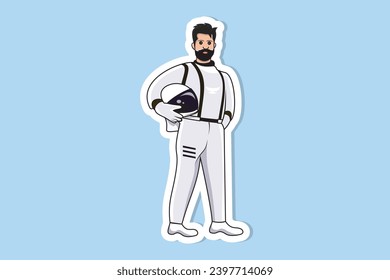 Astronaut man standing happy sticker design vector illustration. People cartoon character icon concept. Astronaut man sticker design icon logo.