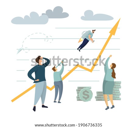 astronaut man takeoff and crew climbs coin chart, investment management, money growth and profit chart, career growth to success, flat color icons, business team analysis, vector illustration