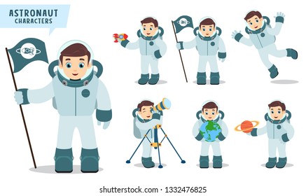 Astronaut man vector character set holding space flag, rocket, telescope and happy exploring planet with spacesuit. Vector illustration.

