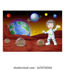 Astronaut Man In White Blue Uniform Suit On Mars Surface With Other Planets in Background, Cartoon