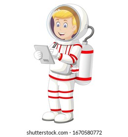 Astronaut Man in White Red Suit Uniform With Pen and Sheet Board Cartoon