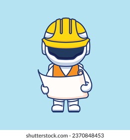 Astronaut manager in safety helmet reading paper containing work plan