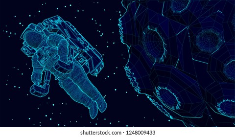 astronaut with manned maneuvering unit floating next to an asteroid