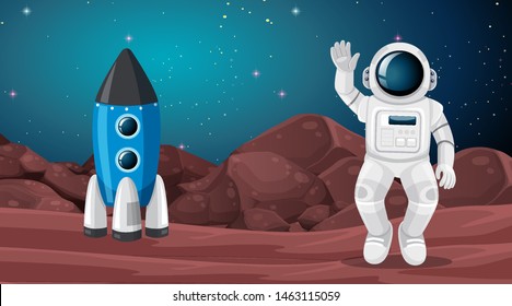 Astronaut and mars landscape scene illustration
