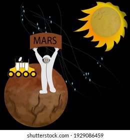 Astronaut and Mars Rover at planet Mars. Part of Solar System with Sun, Mars and Stars. 