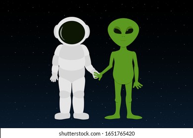 Astronaut and Martian holding hands. Vector illustration.