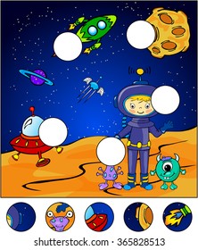 Astronaut, martians and rocket in the space. Complete the puzzle and find the missing parts of the picture. Vector illustration. Educational game for kids