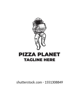 Astronaut mascot character hold delicious big pizza logo template