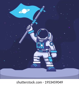 astronaut mascot character lifting flag on the moon with galaxy background concept illustration