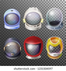 Astronaut mask and pilot helmet space discovery set. Protective headgear for outer space, suit garment. Vector illustration