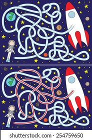 Astronaut maze for kids with a solution 