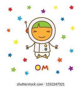 astronaut meditates among the stars, inscription om, simple children's illustration