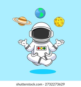 Astronauta meditando y haciendo malabares con planetas en la Ilustración vectorial espacial Diseño de dibujos animados