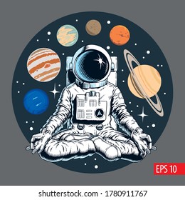 Astronaut meditating in the lotus pose. Solar planets and stars on the background. Space yoga vector illustration. 