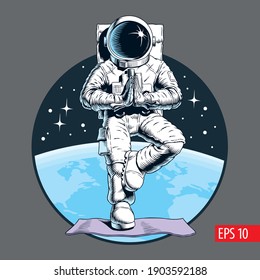 Astronaut meditating in tree pose, standing in vrksasana posture on yoga mat. Outer space, planet and stars on the background. Comic style vector illustration. 