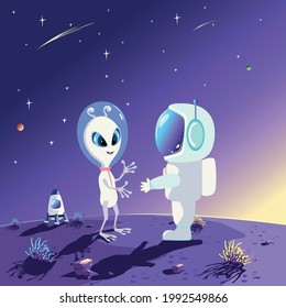 An astronaut meets an alien. Space travel and exploration vector illustration in cartoon style.