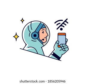 Astronaut with a mobile phone. Vector. Astronaut icon with smartphone. Internet search and wi-fi. Prohibition or permission to communicate. Outline flat style. Illustration for website or print.