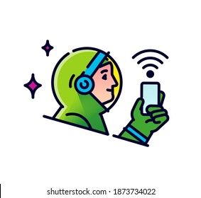 Astronaut with a mobile phone. Vector. Astronaut icon with smartphone. Internet search and wi-fi. Prohibition or permission to communicate. Outline flat style. Illustration for website or print.