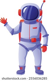 Astronaut in a modern spacesuit, complete with a red backpack and gloves, waving enthusiastically while preparing for an exciting spacewalk and adventurous exploration in outer space