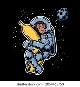 Astronaut monkey hugging banana in space