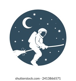 Astronaut monochrome sketch. Spaceman flying on broomstick. Backdrop filled with crescent moon and stars. Astronaut cosmic traveler concept.