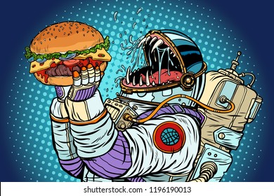 Astronaut monster eats burger. Greed and hunger of mankind concept. Pop art retro vector illustration vintage kitsch