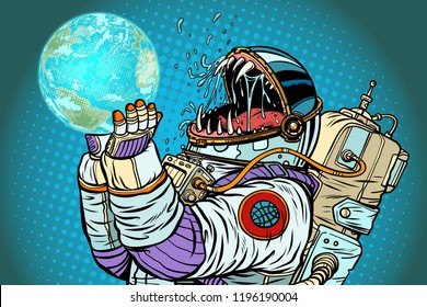 Astronaut monster eats earth planet. Greed and hunger of mankind concept. Pop art retro vector illustration vintage kitsch