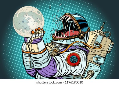 Astronaut monster eats Moon. Greed and hunger of mankind concept. Pop art retro vector illustration vintage kitsch