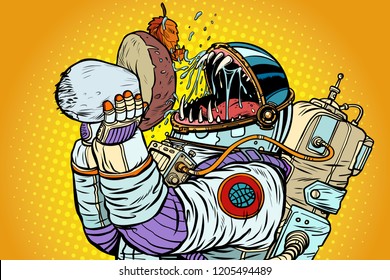 Astronaut Monster Eats Mushroom. Pop art retro vector illustration vintage kitsch