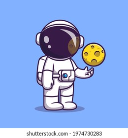 Astronaut With Moon Ball Cartoon Vector Icon Illustration. Science Fiction Icon Concept Isolated Premium Vector. Flat Cartoon Style