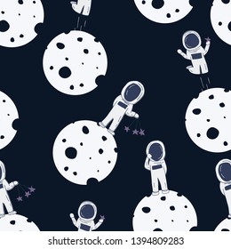the astronaut in the moon with black background vector seamless pattern - Great for wallpaper,backgrounds,gifs,surface pattern design,packaging design projects, stationary,fabric