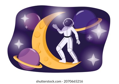 Astronaut With Moon concept. Character in spacesuit explores outer space. Universe with planets, stars and satellites. Design element for printing on fabric. Cartoon realistic vector illustration