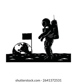 Astronaut Moon Flag Planting Icon: Earth Visible in Background Silhouette