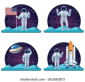 Astronaut and in the moon galaxy set of scenarios vector illustration graphic design