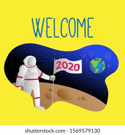 Astronaut in the moon hold flag for new year