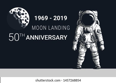Astronaut moon landing 50th anniversary. Vector image