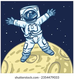 Astronaut Moon Landing Cartoon Stars Starry Background Vector Illustration 