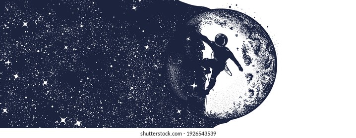Astronaut, moon and night sky. Black and white surreal graphics. Spaceman and new planets. Symbol of astronomy, science and universe 