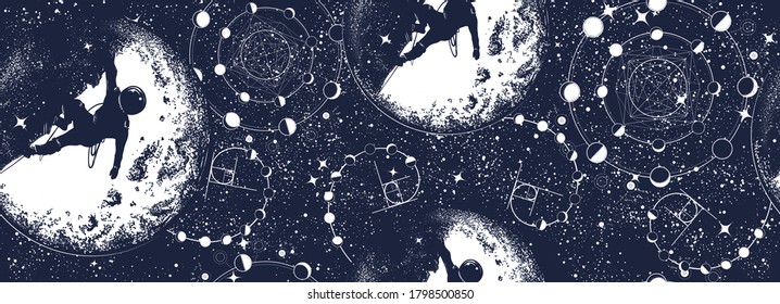 Astronaut, moon and night sky. Seamless pattern. Black and white graphics. Spaceman and new planets. Symbol of astronomy, science and universe 