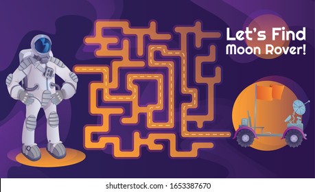 Astronaut moon rover labyrinth with cartoon character template. Cosmonaut and moonwalker find path maze with solution for educational kids game. Adventure, spaceflight printable flat vector layout