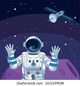 astronaut in moon satellite starry space exploration vector illustration