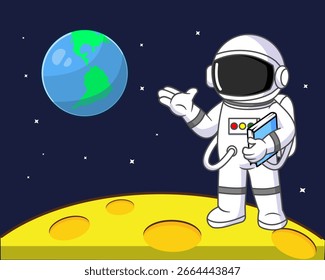 Astronaut in the Moon Showing Earth Vector Illustration Cartoon Design