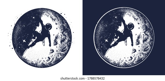 Astronaut and moon tattoo and t-shirt. Spaceman and new planets. Black and white vector graphics 